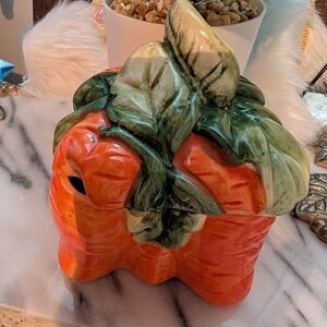 Vintage Ceramic Pumpkin Leaf Jar - Orange & Green